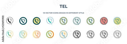 tel icon in 18 different styles such as thin line, thick line, two color, glyph, colorful, lineal color, detailed, stroke and gradient. set of tel vector for web, mobile, ui