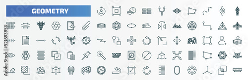 special lineal geometry icons set. outline icons such as change, parallel, polygonal arrow up, import, triangle, intersection, left alignment, foreground, ennegon, oval line icons.