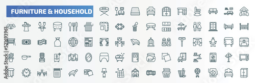 special lineal furniture & household icons set. outline icons such as card table, double door, pet house, silverware, daybed, divan, wall shelves, wall clock, table lamp, waste basket line icons.