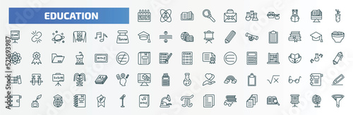 special lineal education icons set. outline icons such as school calendar, case, plant sample, song, graduation, final test, square root in class, ink, math book, various files line icons.