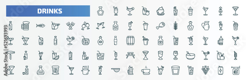 special lineal drinks icons set. outline icons such as brandy, cappuccino, 007 martini, forks, mai tai, cask, greyhound drink, alcohol, sex on the beach, white russian drink line icons.