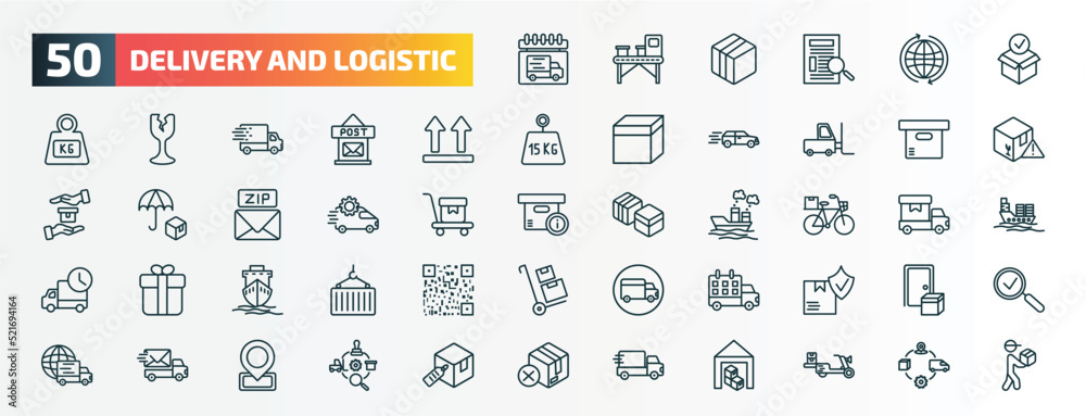 set of 50 special lineal delivery and logistic icons. outline icons such as delivery day, package checking, side up, delivery containers, tings, by bike, ship by sea, schedule, express mail, line set of 50 special lineal delivery and logistic icons. outline icons such as delivery day, package checking, side up, delivery containers, tings, by bike, ship by sea, schedule, express mail, line