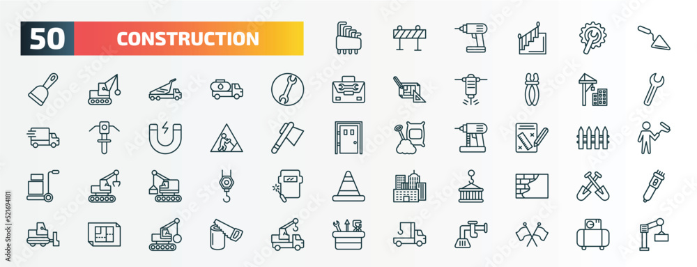 set of 50 special lineal construction icons. outline icons such as hex key, construction palette, round wrench, constructions, working, measures plan, derrick with box, derrick with pallet, house