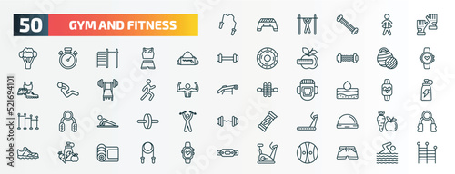 set of 50 special lineal gym and fitness icons. outline icons such as skip rope, sport gloves, gym bag, pilates ball, stretching leg exercise, hydratation, push up, running hine, fitness food,