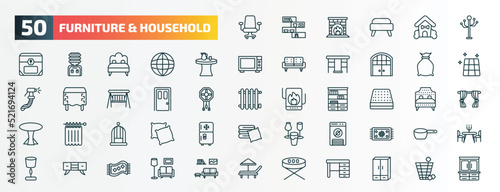 set of 50 special lineal furniture & household icons. outline icons such as desk chair, coat stand, kitchen table, garbage bags, door, mattress, bird cage, dehumidifier, credenza, card table line