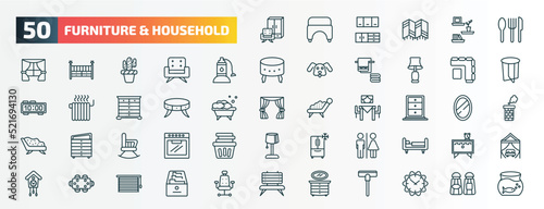 set of 50 special lineal furniture & household icons. outline icons such as furniture, silverware, sump pump, corner sofa, coffee table, cabinet, rocking chair, wc, dining table, lowboy line icons.