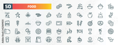 set of 50 special lineal food icons. outline icons such as donuts, junk food, hot chote, serving dish, risotto, winter melon soup, time to have a break, plate and utensils, mushrooms, ice cream