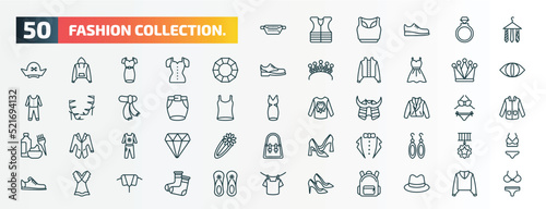 set of 50 special lineal fashion collection. icons. outline icons such as belt pouch, ties on hanger, precious stone, royal, short skirt, leather jacket, women tracksuit, tux, summer dress, heel