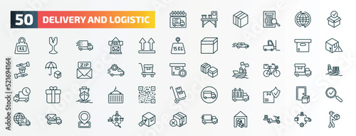 set of 50 special lineal delivery and logistic icons. outline icons such as delivery day, package checking, side up, delivery containers, tings, by bike, ship by sea, schedule, express mail, line