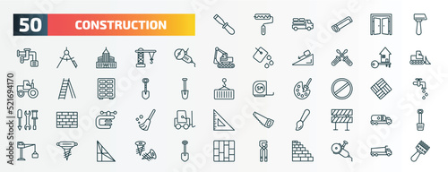 set of 50 special lineal construction icons. outline icons such as chisel, inclined hammer, angle grinder, home key, interior de, stopping, vise, brush, pickaxes drilling, big clippers line icons.