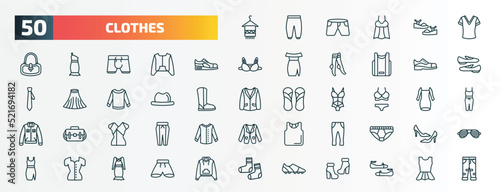 set of 50 special lineal clothes icons. outline icons such as scarf on hanger, v neck shirt, sneaker, leather shoes, men hat, lingerine, chiffon suffle blouse, slim fit pants, blouse, soccer shoe