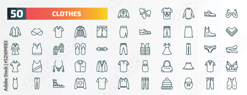 set of 50 special lineal clothes icons. outline icons such as leather biker jacket, pilot sunglasses, chino shorts, leather chelsea boots, sleepers, flare pants, jewelry, barrel handbag, leggins,