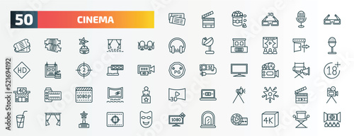 set of 50 special lineal cinema icons. outline icons such as tickets, 3d glass, cinema seats, cinema exit, laptop with film strip, old projector, 1080p full hd, light source, curtains, ticket window