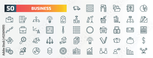 set of 50 special lineal business icons. outline icons such as logistic, pie graphic, tactic, structure, tones, safe money, punishment, maths tool, employee going to work, statistical chart line