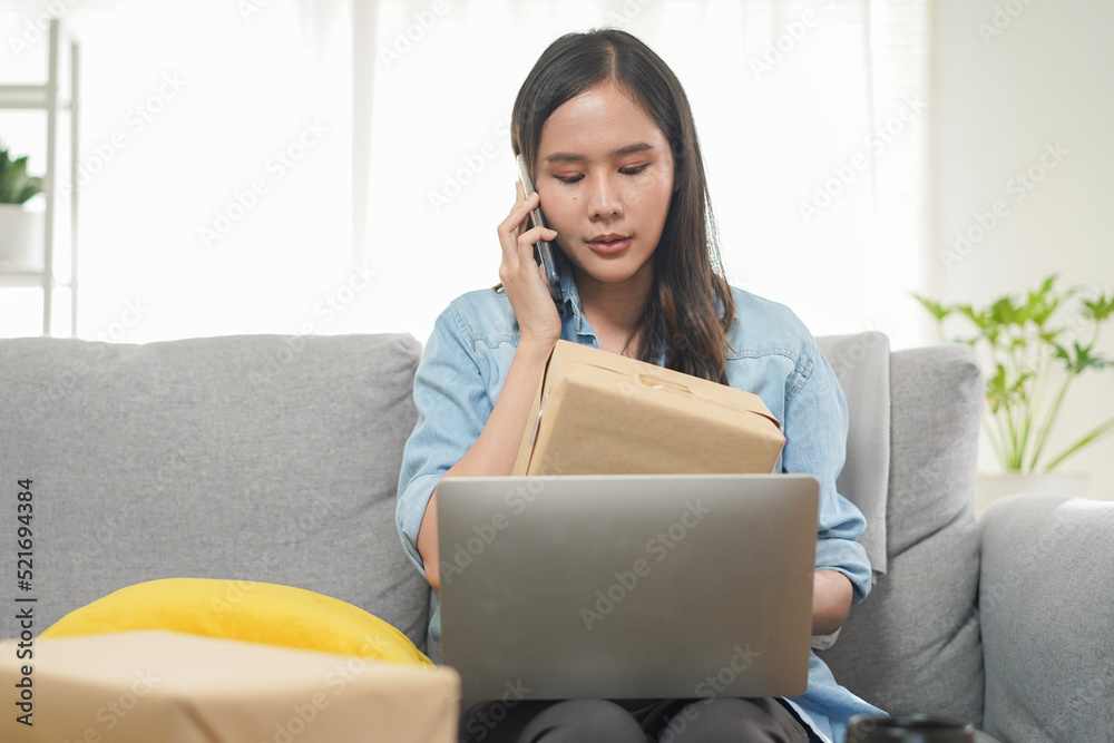 Unhappy woman calling to retail online service to complaint mistake product Unhappy woman calling to retail online service to complaint mistake product