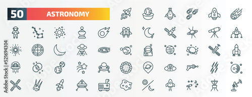 set of 50 special lineal astronomy icons. outline icons such as rocket flying, meteorite falling, comet, telescope pointing up, ufo and cow, planet, earth and moon, alien with aqualung, aerolite,