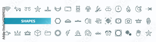 set of 40 special lineal shapes icons. outline icons such as wireless, devil heart with wings, windshield washer, poligon, focus button, finger gun, blank circle, human foot prints, two snow flakes,