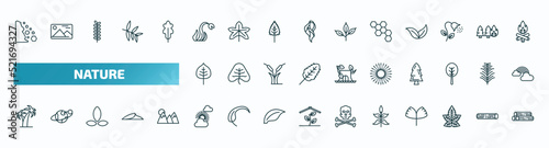 set of 40 special lineal nature icons. outline icons such as falling debris, carnivorous plant, chemical structure, cercis leaf, shining sun with rays, coconut tree standing, sunny protic, sprig
