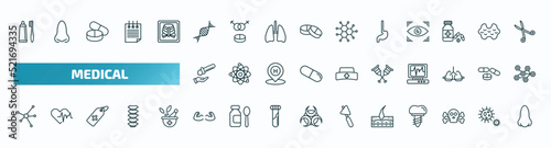 set of 40 special lineal medical icons. outline icons such as brush with tooth paste, medical chain of dna, esophagus, acid falling on hand, crutches couple, molecular structure, strong, epidermis,