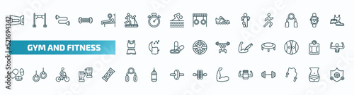 set of 40 special lineal gym and fitness icons. outline icons such as lumbar belt, running treadmill, anatomy, female sportwear, steroids, pill and tablet, sport expander, protein, skip rope,