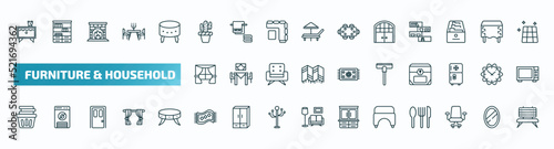 set of 40 special lineal furniture & household icons. outline icons such as night stand, cactus, double door, window, carpet sweeper, laundry hamper, rugs, hassock, desk chair, bench line icons.