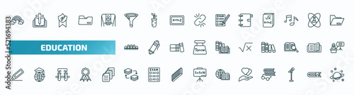set of 40 special lineal education icons. outline icons such as basic rainbow, chemistry funnel, school agenda, grandstand, square root in class, corrector, arrange, hand care, microphone with