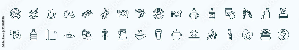 Fototapeta premium special lineal food icons set. outline icons such as mapo tofu, beers, red bean soup, condiment, alcoholic drinks, water container, protection gloves, coffee cup with steam, morning, boiled egg,