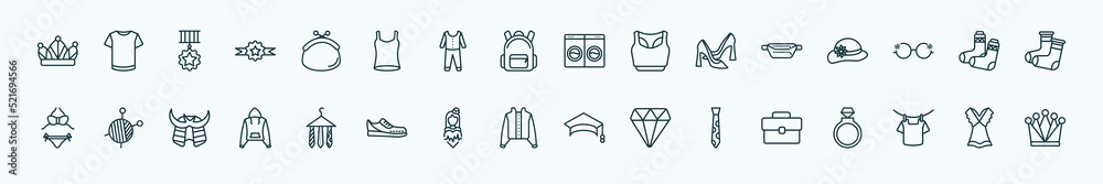 special lineal fashion icons set. outline icons such as monarchy, purses, laundry zone, belt pouch, pair of socks, skein, ties on hanger, jacket with buttons, stripped tie, drying, summer dress line special lineal fashion icons set. outline icons such as monarchy, purses, laundry zone, belt pouch, pair of socks, skein, ties on hanger, jacket with buttons, stripped tie, drying, summer dress line