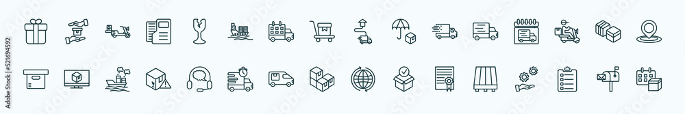 special lineal delivery and logistic icons set. outline icons such as gift, fragile, delivery destination, transportation, boxes, delivery monitor, customer support, packages, charter, clipboard, special lineal delivery and logistic icons set. outline icons such as gift, fragile, delivery destination, transportation, boxes, delivery monitor, customer support, packages, charter, clipboard,