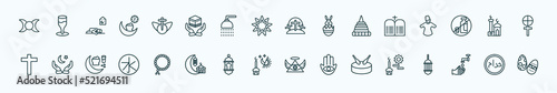 special lineal religion icons set. outline icons such as goddess, heresy, calvary, commandments, small mosque, muslim praying hands, prayer beads, maghrib prayer, eyd drum, wudu, haram line icons.