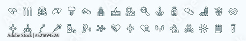 special lineal medical icons set. outline icons such as cardiogram, implants, nutrionist, medicine capsules, phary tool, p, pills jar, cure, adrenal gland, molecular configuration, notepad line