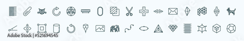 special lineal geometry icons set. outline icons such as left alignment, metatron cube, cut, , joint, perspective, rotate, polygonal elephant, triangle, 3d cube, hexahedron line icons.