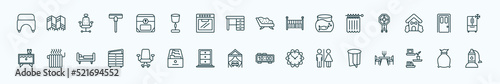 special lineal furniture & household icons set. outline icons such as hassock, chest, divan, shower curtain, door, heating, desk chair, canopy bed, wc, wall shelves, garbage bags line icons.