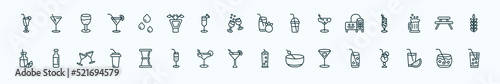 special lineal drinks icons set. outline icons such as tequila sunrise, drip, tomato juice, brewery, picnic table, wine bottles, jigger, martinez, 007 martini, watermelon juice, caipiroska line