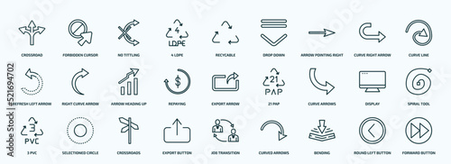 special lineal user interface icons set. outline icons such as crossroad, 4 ldpe, arrow pointing right, refresh left arrow, repaying, curve arrows, 3 pvc, export button, bending, round left button