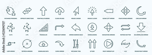 special lineal user interface icons set. outline icons such as exchange personel, cloud upload, blank left arrow, 40 fe, turn right arrow, navigation arrows, loop arrow, curve right play button, alu