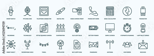 special lineal technology icons set. outline icons such as smart watch, digital pen, basic calculator, recording, evaporation, simple screen, robot insect, ventilator, antenna, customers line icons.