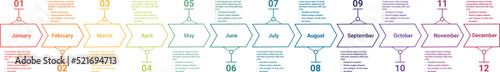 Abstract business infographics with 12 Months, 1 Year on timeline diagrams in white color background