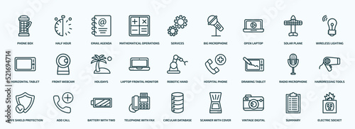 special lineal technology icons set. outline icons such as phone box, mathematical operations, open laptop, horizontal tablet, laptop frontal monitor, drawing tablet, safe shield protection,