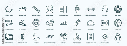 special lineal gym and fitness icons set. outline icons such as exercise bands, exercise bike, exercising dumbbell, little dumbbell, pill and tablet, bosu ball, mat for fitness, simulator for press,