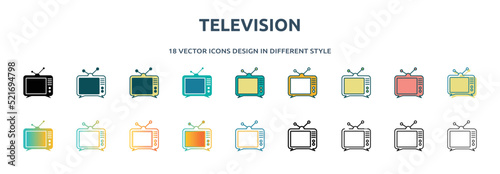 television icon in 18 different styles such as thin line, thick line, two color, glyph, colorful, lineal color, detailed, stroke and gradient. set of television vector for web, mobile, ui
