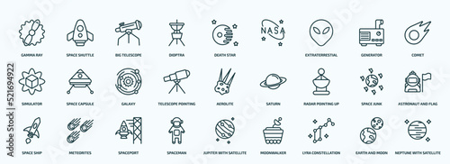 special lineal astronomy icons set. outline icons such as gamma ray, dioptra, extraterrestial head, simulator, telescope pointing up, radar pointing up, space ship, spaceman, lyra constellation,