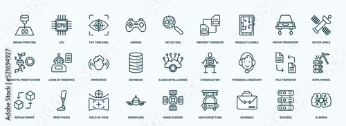 special lineal artificial intellegence icons set. outline icons such as organ printing, gaming, mobile flexible display, genetic modification, database, personal assistant, replacement, aeroplane,