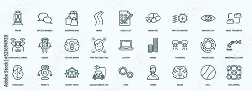 special lineal artificial intellegence icons set. outline icons such as train, road, match moving, unmanned aerial vehicle, face recognition, flyboard, humanoid, solar energy car, brain, ball line