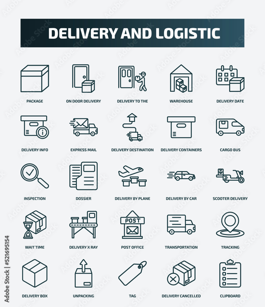 set of 25 special lineal delivery and logistic icons. outline icons such as package, on door delivery, delivery date, destination, inspection, by car, x ray, tracking, tag, cancelled line icons.