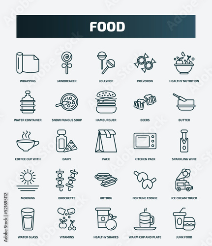 set of 25 special lineal food icons. outline icons such as wrapping, jawbreaker, healthy nutrition, hamburguer, coffee cup with steam, kitchen pack, brochette, ice cream truck, healthy shakes, warm