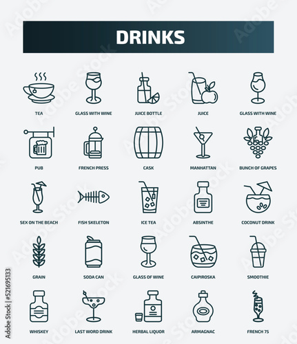 set of 25 special lineal drinks icons. outline icons such as tea, glass with wine, glass with wine, cask, sex on the beach, absinthe, soda can, smoothie, herbal liquor, armagnac line icons.