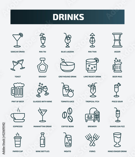 set of 25 special lineal drinks icons. outline icons such as sidecar drink, mai tai, jigger, greyhound drink, pint of beer, tropical itch, manhattan drink, ramos gin fizz, mojito, forks line icons.