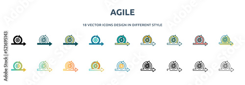 agile icon in 18 different styles such as thin line, thick line, two color, glyph, colorful, lineal color, detailed, stroke and gradient. set of agile vector for web, mobile, ui
