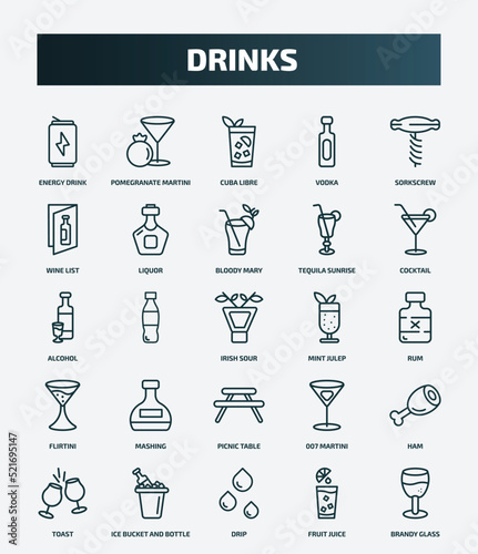 set of 25 special lineal drinks icons. outline icons such as energy drink, pomegranate martini, sorkscrew, bloody mary, alcohol, mint julep, mashing, ham, drip, fruit juice line icons.